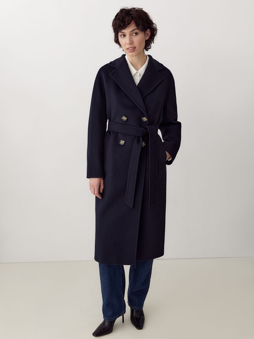 Двубортное пальто-кокон с мембраной черно-синее Pompa