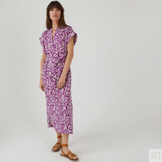 Платье длинное с воротником-стойкой из хлопка с цветочным принтом  L фиолет