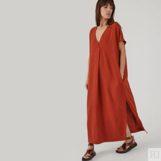 Платье длинное с V-образным вырезом короткими рукавами  M красный