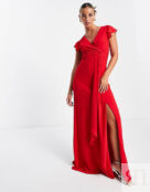 Красное платье макси с оборками и развевающимися рукавами TFNC Bridesmaid