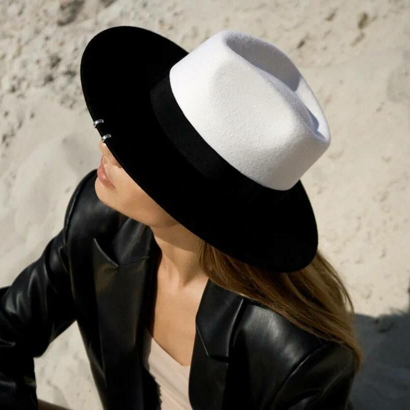Шляпа федора FF03 широкополая с прямыми полями черно-белая MYARI