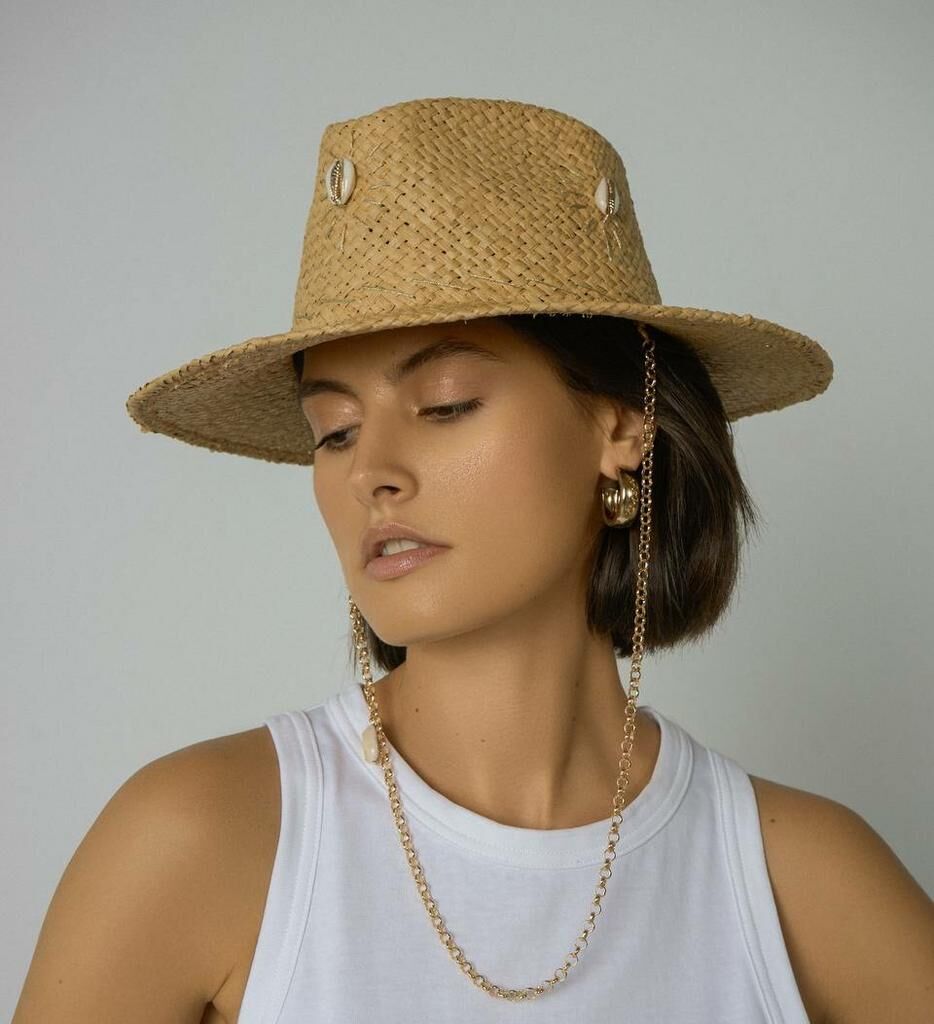 Шляпа федора FF03 из рафии с ракушками и вышивкой (размер 56-58) MYARI