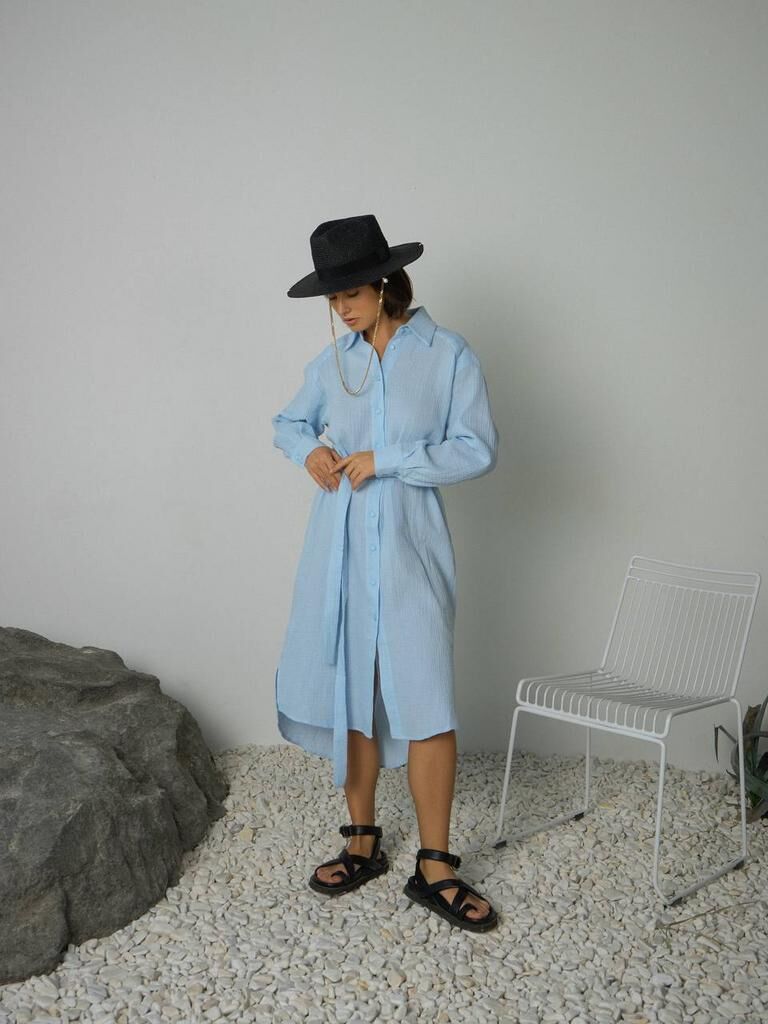 Платье-рубашка миди летнее из муслина голубое (one size) MYARI