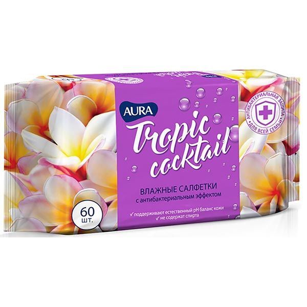 Салфетки влажные антибактериальные tropic cocktail aura 60 шт Коттон Клаб О 2894562 фото 1