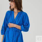 Платье расклешенное короткое длинные рукава с вышивкой  52 синий