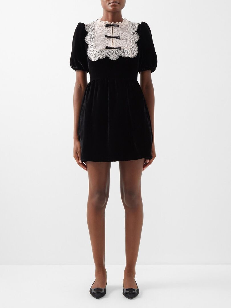Бархатное платье мини cherie с кружевной отделкой Saloni, черный