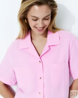 Рубашка льняная укороченная розового цвета L