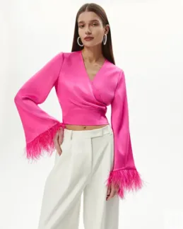 Блуза с перьями розового цвета XS