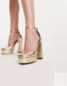 Золотистые туфли на высоком каблуке на платформе ASOS DESIGN Priority