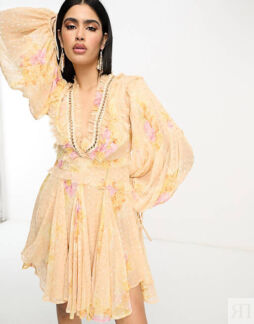 Платье мини с цветочным жаккардовым металлизированным принтом и рюшами ASOS