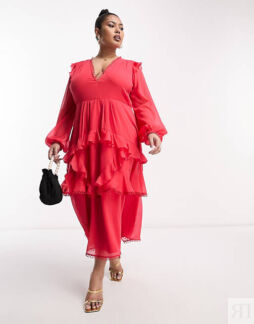 Красное платье миди с длинными рукавами и круглой окантовкой ASOS DESIGN Cu