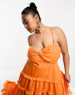 Оранжевое платье макси в стиле бэби-долл из вуали с оборками и высоким низк