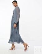 Серебристо-серое платье миди со складками и пуговицами на талии ASOS DESIGN