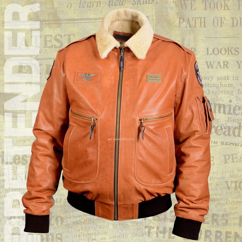 Кожаная куртка мужская зимняя X-File рыжая с бежевым воротником