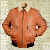 Кожаная куртка мужская зимняя X-File рыжая с бежевым воротником