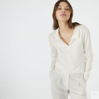 Пуловер базовый с воротником поло и длинными рукавами  XS белый