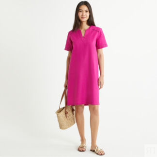 Платье прямое из смешанного льна с короткими рукавами  48 розовый