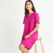 Платье прямое из смешанного льна с короткими рукавами  48 розовый