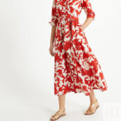 Платье длинное расклешенное с принтом короткими рукавами  46 красный