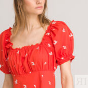Платье Короткое с квадратным вырезом и вышитыми цветами 42 красный