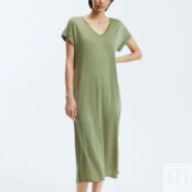 Платье-футболка длинное V-образный вырез с блестящей окантовкой  S зеленый