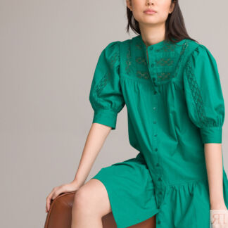 Платье На пуговицах расклешенное со вставками из тесьмы 48 зеленый
